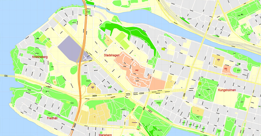 Printable Map Stockholm, Sweden, exact vector street G-View City Plan Level 17 (100 meters scale) map, V.08.01. fully editable Adobe Illustrator, full vector, scalable, editable text format of street names, 23 Mb ZIP.
