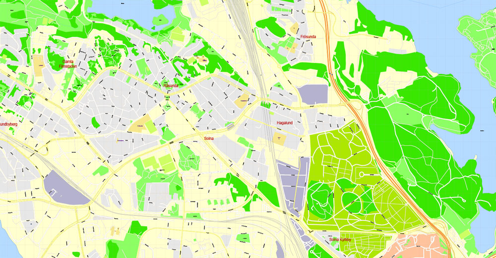 Printable Map Stockholm, Sweden, exact vector street G-View City Plan Level 17 (100 meters scale) map, V.08.01. fully editable Adobe Illustrator, full vector, scalable, editable text format of street names, 23 Mb ZIP.