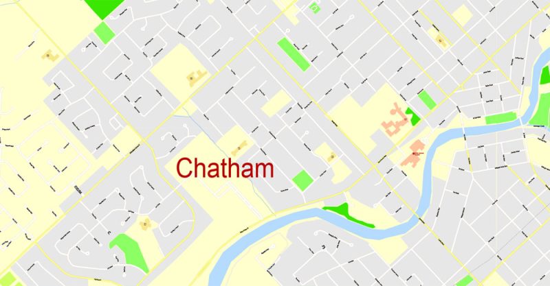 Wallaceburg + Chatham ON , Canada, Printable Map, G-View Level 17 (100 meters scale) Adobe Illustrator Map