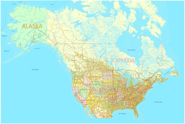 US and Canada PDF Map all Roads, Cities, States, all names, exact vector map 01 02 editable, Adobe PDF
