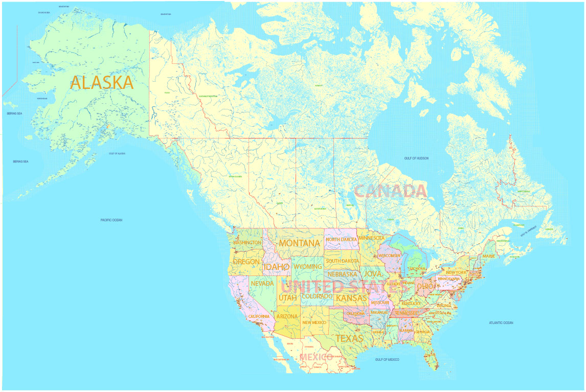 Printable Map US and Canada with all Roads, Cities, States, all names, exact vector map, V.7. fully editable, Adobe Illustrator