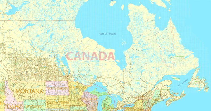 Printable Map US and Canada with all Roads, Cities, States, all names, exact vector map, V.7. fully editable, Adobe Illustrator