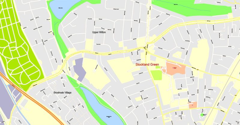 Printable Map Birmingham, England, exact vector street G-View Plan City Level 17 (100 meters scale) map, V.14.02. fully editable, Adobe Illustrator