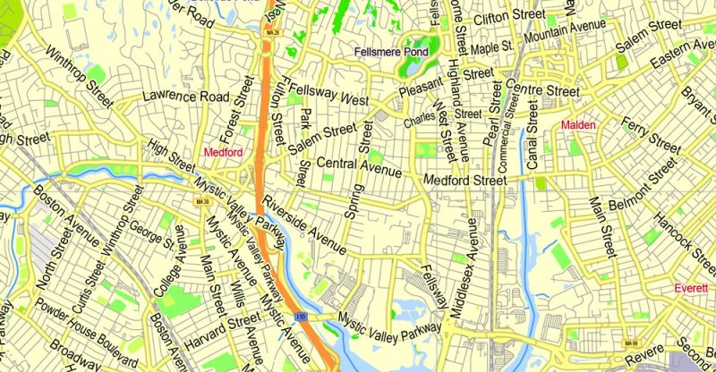Printable Map Boston, Massachusetts, US, exact vector street G-View Plan City Level 17 (2000 meters scale) map, V.05.02. fully editable, Adobe Illustrator