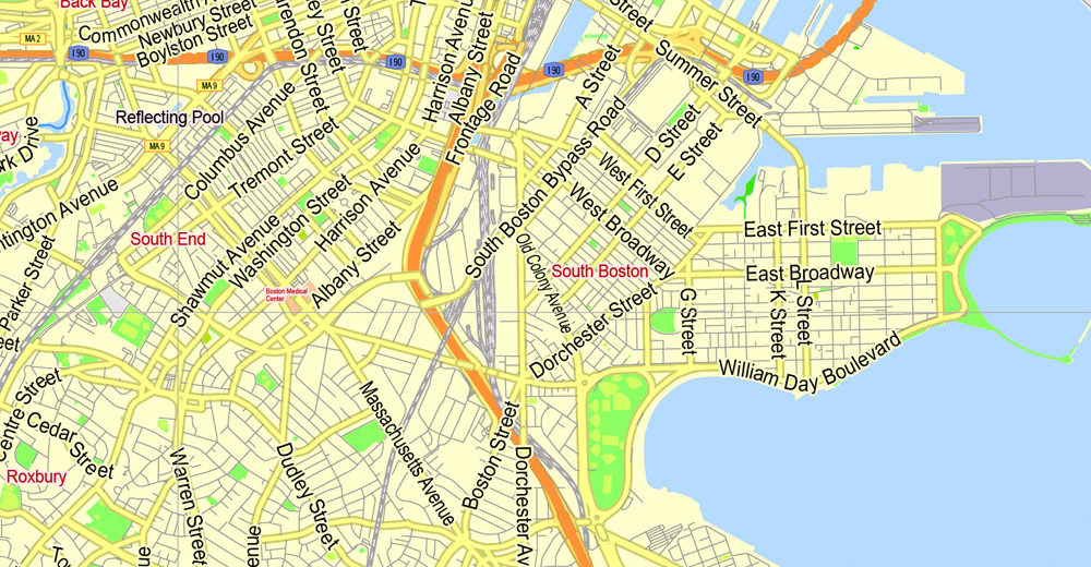 Printable Map Boston, Massachusetts, US, exact vector street G-View Plan City Level 17 (2000 meters scale) map, V.05.02. fully editable, Adobe Illustrator