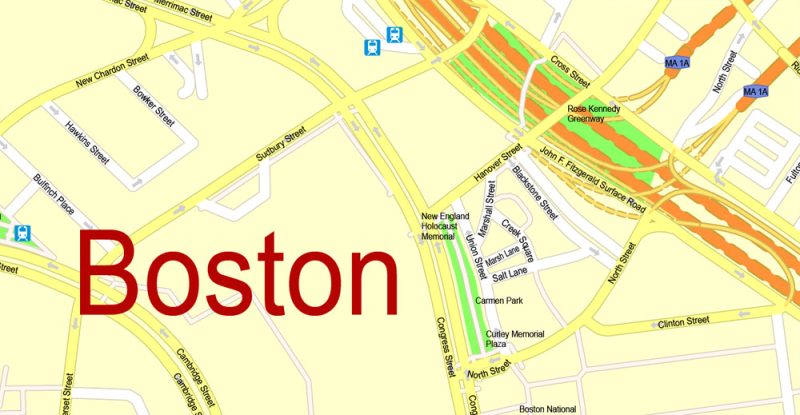 Printable Map Boston, Massachusetts, US, exact vector street G-View Plan City Level 17 (100 meters scale) map, V.05.02. fully editable, Adobe Illustrator