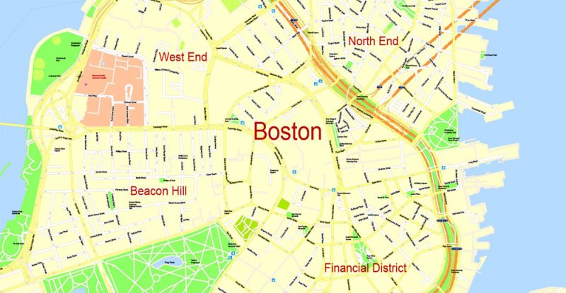 Printable Map Boston, Massachusetts, US, exact vector street G-View Plan City Level 17 (100 meters scale) map, V.05.02. fully editable, Adobe Illustrator