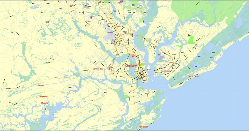 Printable Map Charleston area, South Carolina, US, exact vector street G-View Plan City Level 13 (2000 meters scale) map, V.07.02. fully editable, Adobe Illustrator