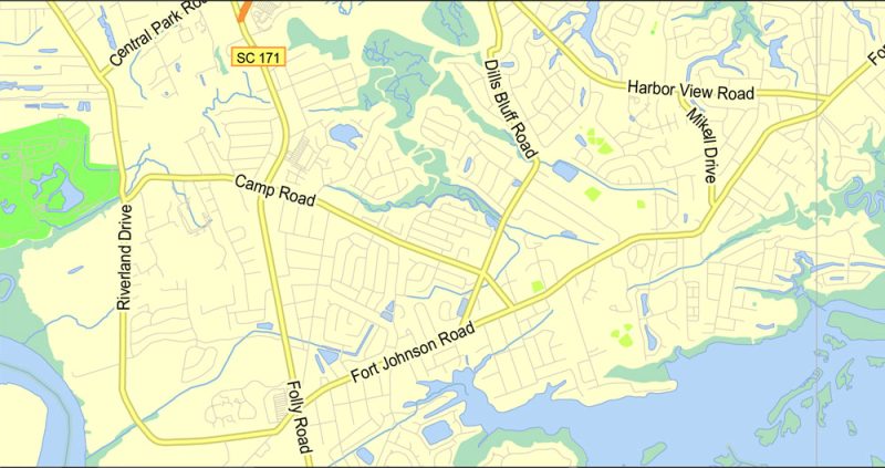 Printable Map Charleston area, South Carolina, US, exact vector street G-View Plan City Level 13 (2000 meters scale) map, V.07.02. fully editable, Adobe Illustrator