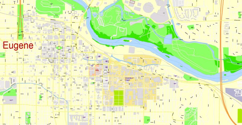 Printable Map Eugene + Springfield Oregon, US, exact vector street G-View Level 17 (2000 m scale) map, V.11. fully editable, Adobe Illustrator