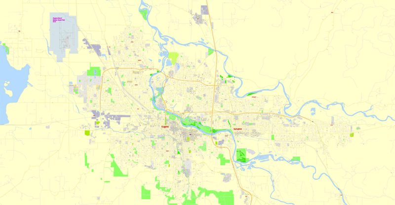 Eugene + Springfield Printable Map, Oregon US, exact vector street G-View Level 17 (2000 m scale)  map, V.11. fully editable, Adobe Illustrator
