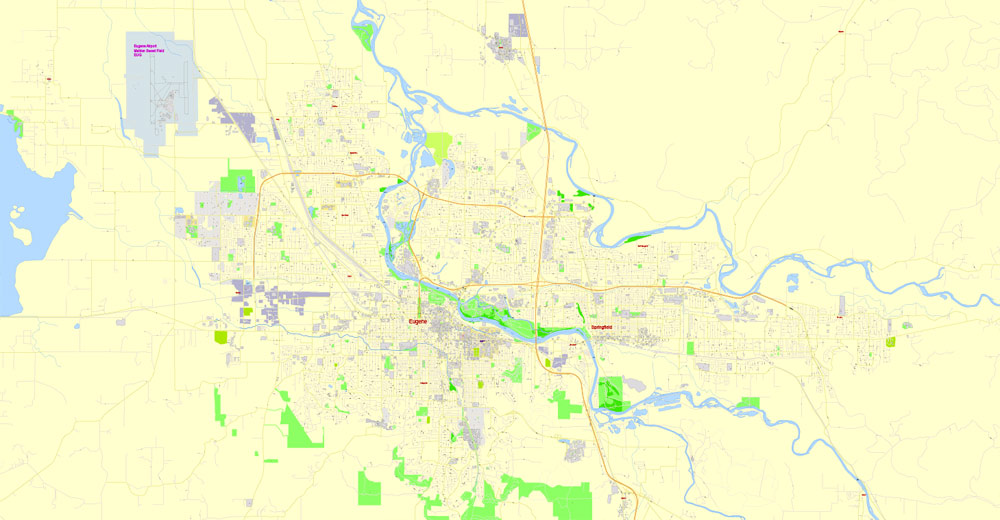 Eugene + Springfield PDF Map, Oregon US, exact vector street G-View Level 17 (2000 m scale)  map, V.11. fully editable, Adobe PDF