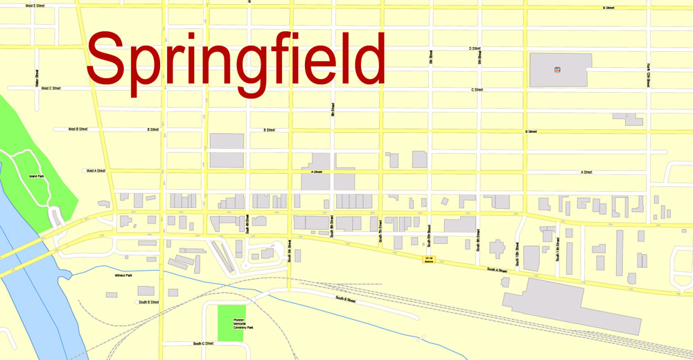 Printable Map Eugene + Springfield Oregon, US, exact vector street G-View Level 17 (2000 m scale) map, V.11. fully editable, Adobe Illustrator