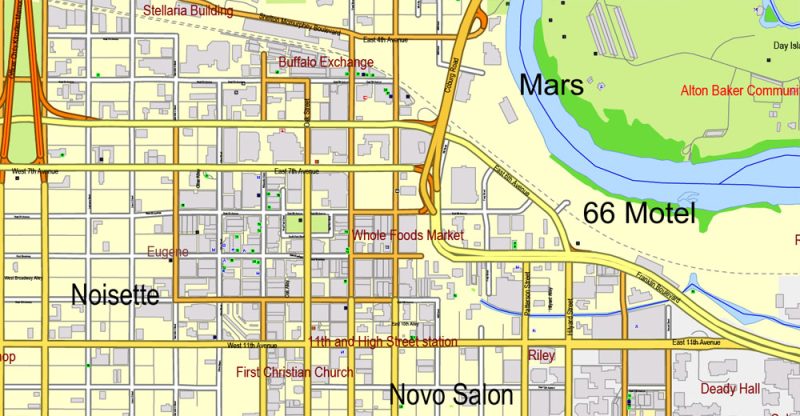Printable Map Eugene + Springfield Oregon, US, exact vector street City Plan Layered map, V.09. fully editable, Adobe Illustrator