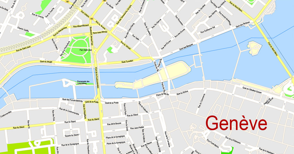 Printable Map Geneve, Switzerland, exact vector street G-View City Plan Level 17 (100 meters scale) map, V.07 fully editable Adobe Illustrator