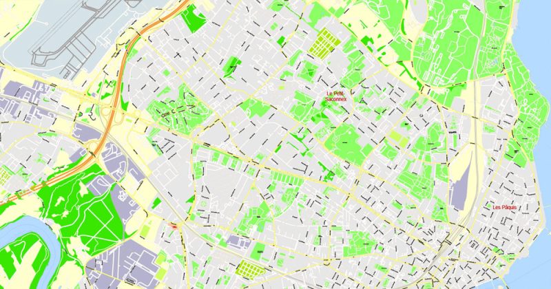 Printable Map Geneve, Switzerland, exact vector street G-View City Plan Level 17 (100 meters scale) map, V.07 fully editable Adobe Illustrator