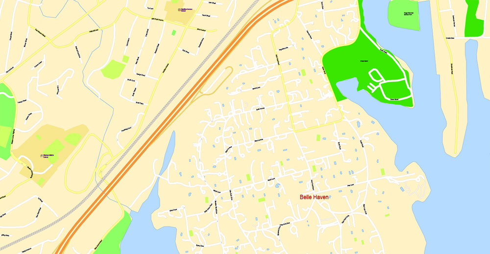 Printable Map Greenwich, Connecticut, US, exact vector street G-View Plan City Level 17 (100 meters scale) map, fully editable, Adobe Illustrator