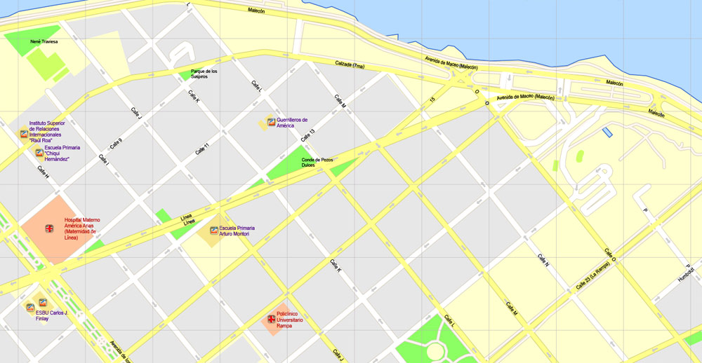 Printable Map Havana, Cuba, exact vector street G-View Plan City Level 17 (100 meters scale) map, V.14.02. fully editable, Adobe Illustrator, full vector, scalable, editable text format of street names, 5 Mb ZIP.