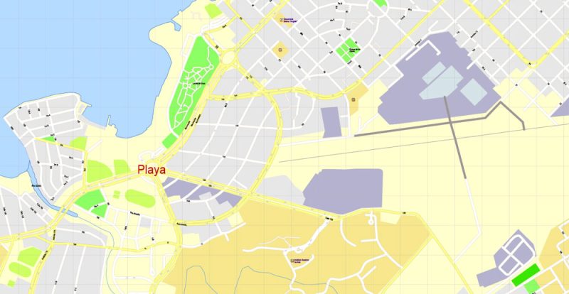 Printable Map Havana, Cuba, exact vector street G-View Plan City Level 17 (100 meters scale) map, V.14.02. fully editable, Adobe Illustrator, full vector, scalable, editable text format of street names, 5 Mb ZIP.