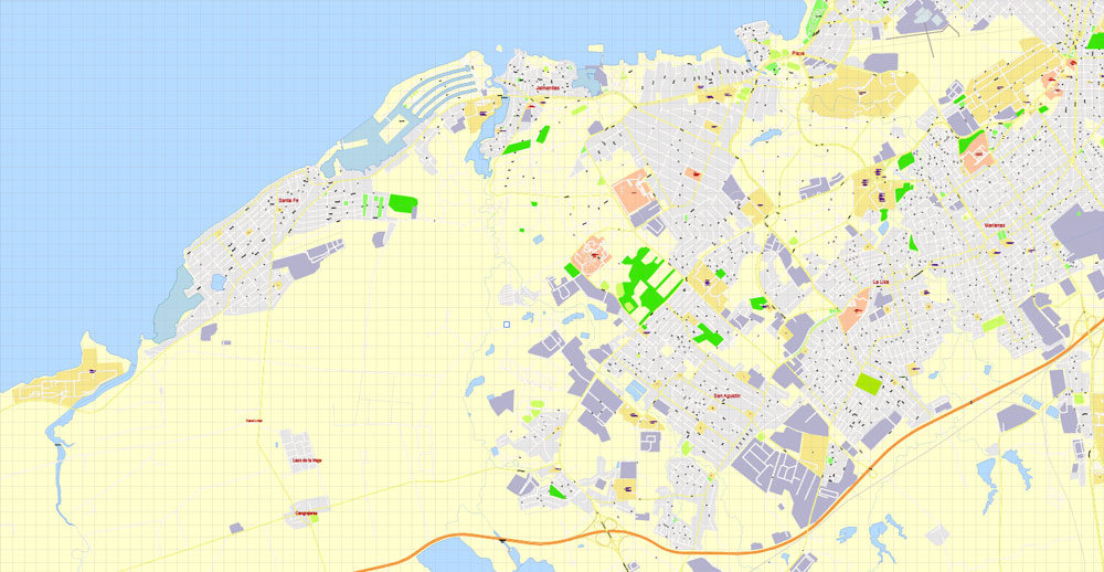 Havana Printable Map, Cuba, exact vector street G-View Plan City Level 17 (100 meters scale) map, V.14.02. fully editable, Adobe Illustrator