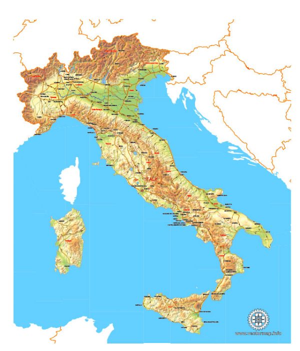 Printable Relief and Administrative Map of Italy, V.02.01. fully editable Adobe Illustrator, full vector, scalable, editable text format of street names, 10 Mb ZIP.