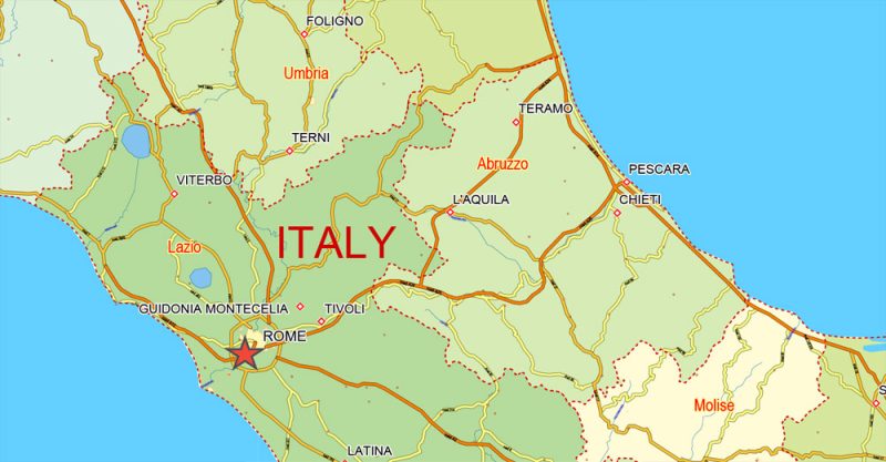 Italy Map Vector 01 Printable Admin Topo Roads editable Adobe Illustrator Map