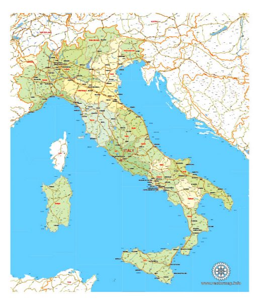 Printable Relief and Administrative Map of Italy, V.02.01. fully editable Adobe Illustrator, full vector, scalable, editable text format of street names, 10 Mb ZIP.