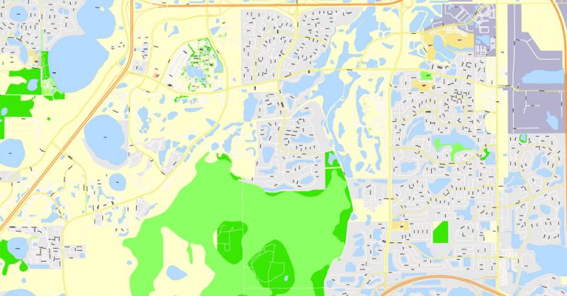 Printable Map Orlando Grande, Florida, US, exact vector street G-View Plan City Level 17 (100 meters scale) map, fully editable, Adobe Illustrator