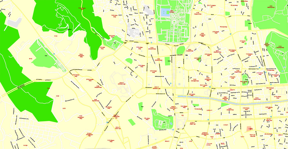 Printable Map Seoul, South Korea, exact vector street G-View Plan City Level 17 (100 meters scale) map, V.06.02. fully editable, Adobe Illustrator