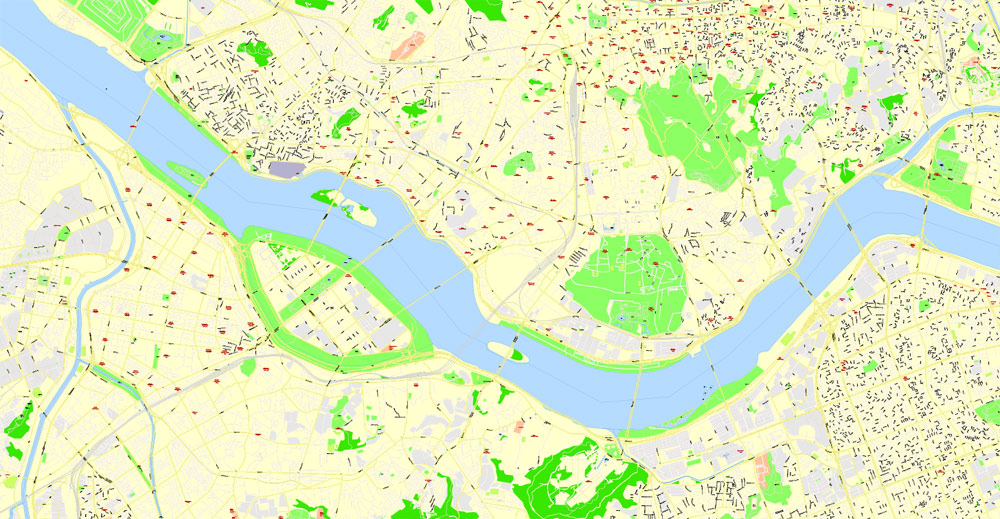 Printable Map Seoul, South Korea, exact vector street G-View Plan City Level 17 (100 meters scale) map, V.06.02. fully editable, Adobe Illustrator