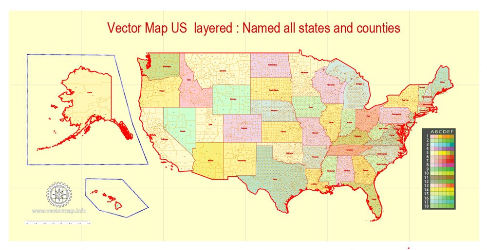 Printable US Map States and Counties, all names exact vector Illustrator