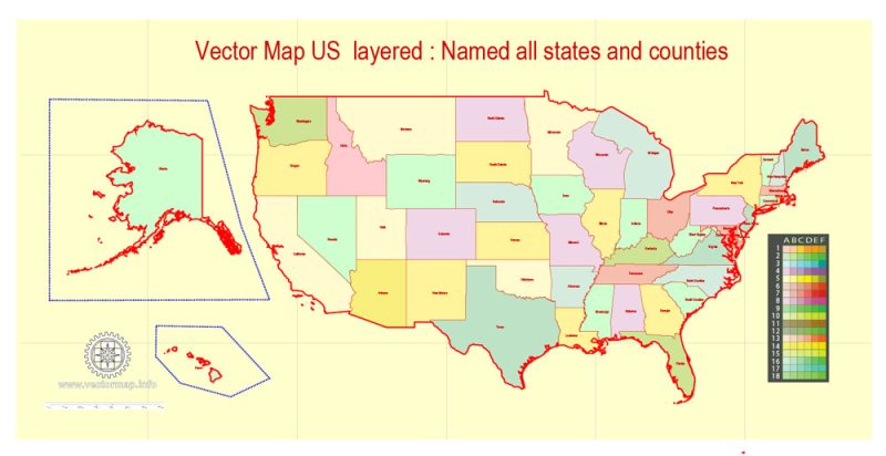 Printable Map States and Counties, all names, US, exact vector map, V.14.02. fully editable, Adobe Illustrator, full vector, scalable, editable text format of street names, 73 Mb ZIP