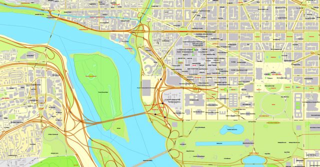 Washington DC Printable Map, US, exact vector street City Plan Layered ...