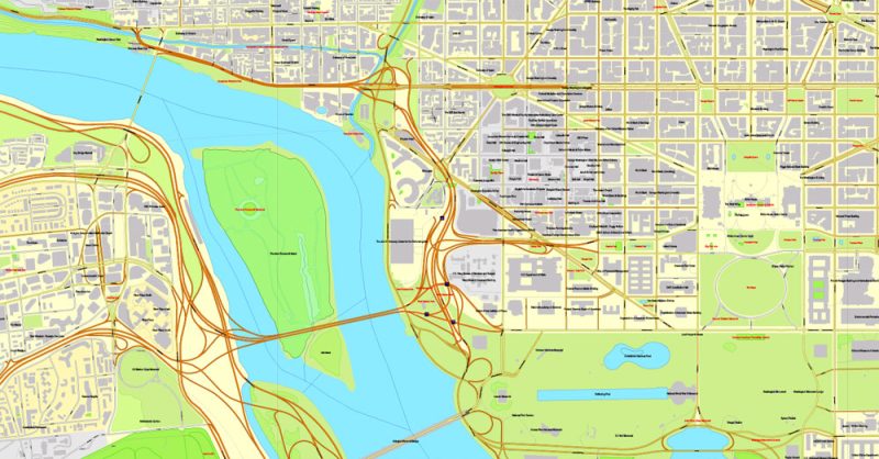 Printable Map Washington DC, US, exact vector street City Plan Layered map, V.12. fully editable, Adobe Illustrator