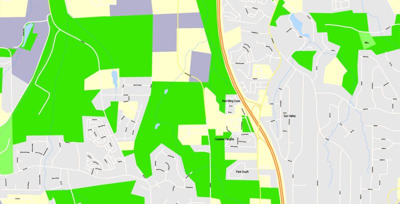 Printable Map Atlanta, Georgia, US, exact vector Map street G-View City Plan Level 17 (100 meters scale) full editable, Adobe Illustrator