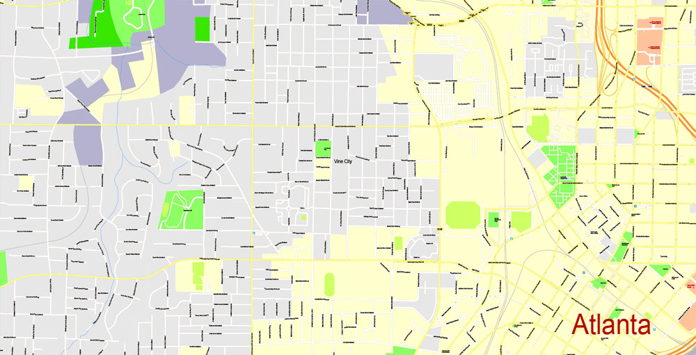Printable Map Atlanta, Georgia, US, exact vector Map street G-View City Plan Level 17 (100 meters scale) full editable, Adobe Illustrator