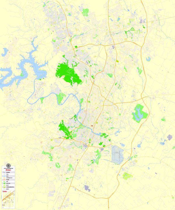 Austin Texas US Printable exact vector Map street G-View City Plan Level 17 (100 meters scale)  full editable, Adobe Illustrator