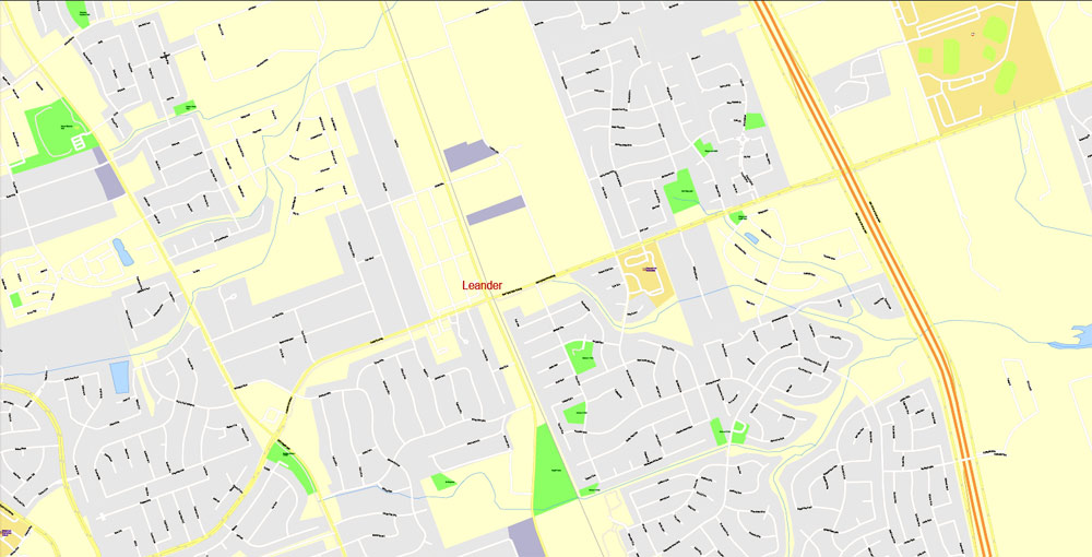 Printable Map Austin, Texas, US, exact vector Map street G-View City Plan Level 17 (100 meters scale) full editable, Adobe Illustrator