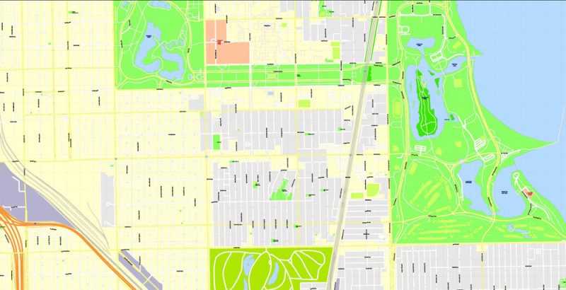Printable Map Chicago, Illinois, US, exact vector Map street G-View City Plan Level 17 (100 meters scale) full editable, Adobe Illustrator
