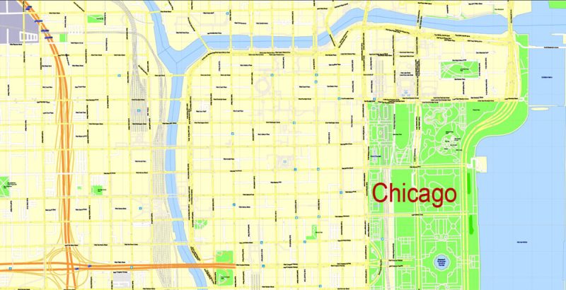 Printable Map Chicago, Illinois, US, exact vector Map street G-View City Plan Level 17 (100 meters scale) full editable, Adobe Illustrator