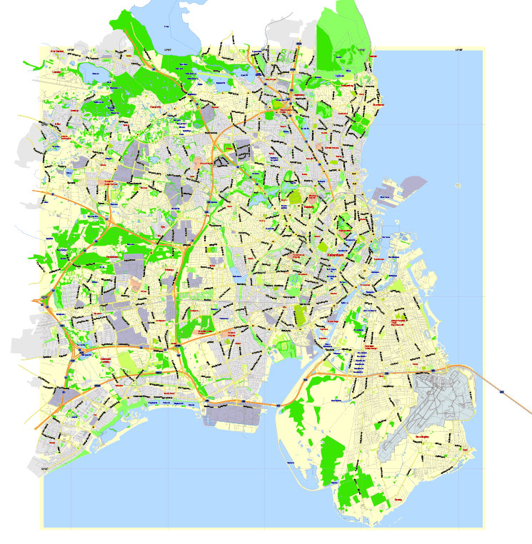 Printable Vector Map Copenhagen / København, Denmark, G-View level 13 (1000 m scale) street City Plan map, full editable, Adobe Illustrator