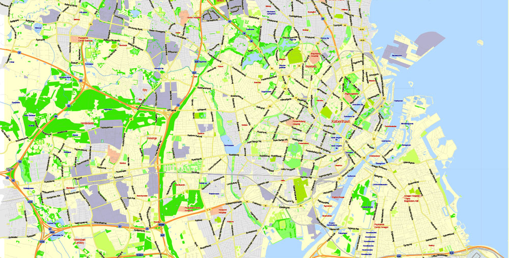 Printable Vector Map Copenhagen / København, Denmark, G-View level 13 (1000 m scale) street City Plan map, full editable, Adobe Illustrator