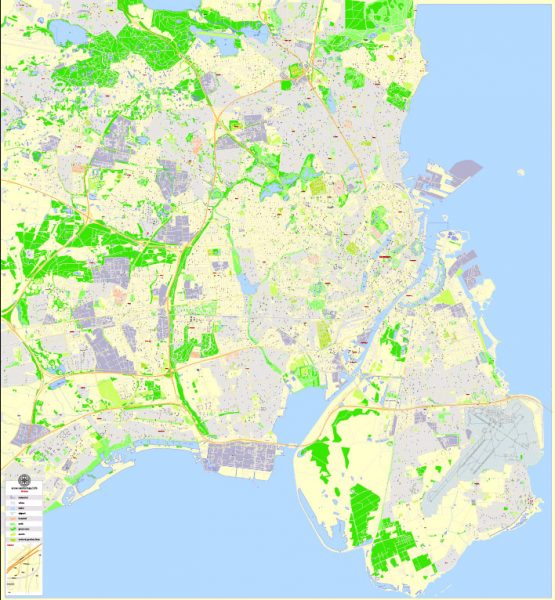 Copenhagen / København, Denmark, printable vector street City Plan map V.2, full editable, Adobe PDF