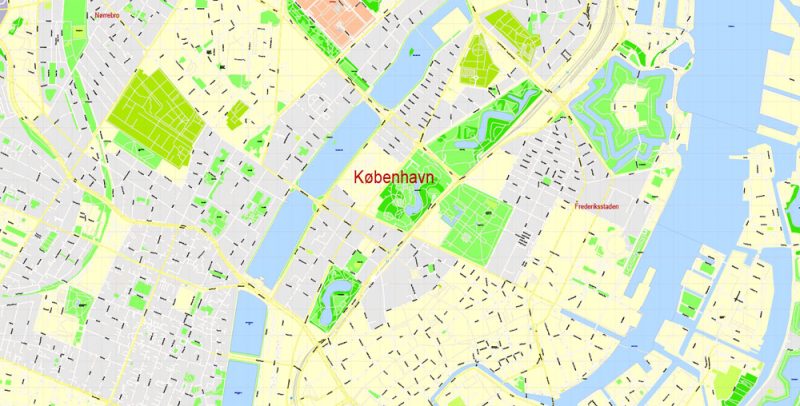 Printable Vector Map Copenhagen / København, Denmark, G-View level 17 (100 m scale) street City Plan map, full editable, Adobe Illustrator
