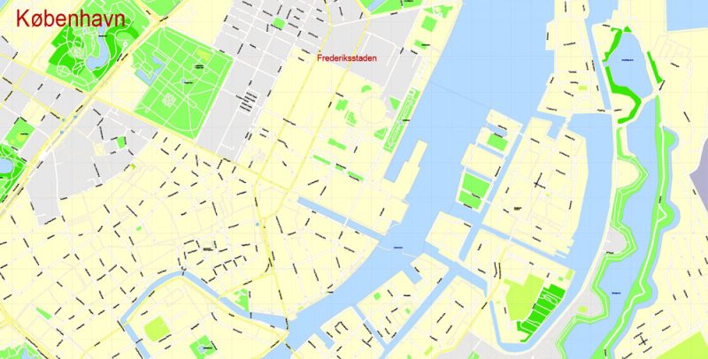 Printable Vector Map Copenhagen / København, Denmark, G-View level 17 (100 m scale) street City Plan map, full editable, Adobe Illustrator