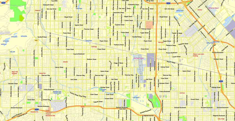 Printable Map Los Angeles Metro Area, California, US, exact vector Map street G-View Plan Level 13 (2000 meters scale) full editable, Adobe Illustrator