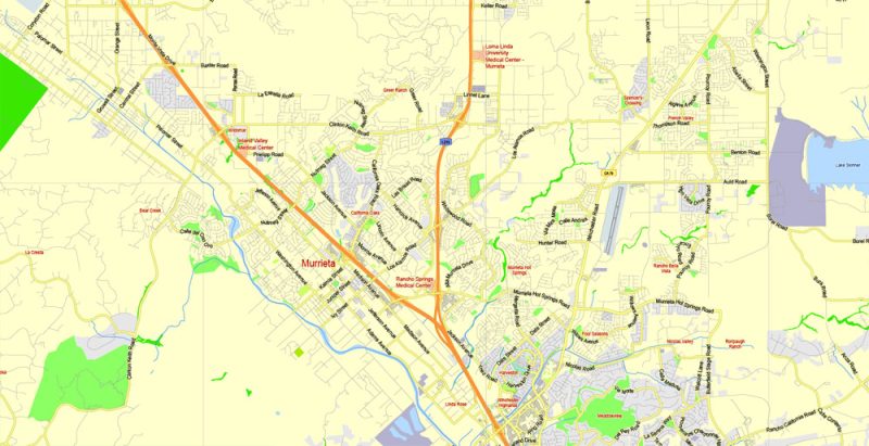 Printable Map Los Angeles Metro Area, California, US, exact vector Map street G-View Plan Level 13 (2000 meters scale) full editable, Adobe Illustrator
