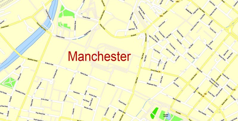 Printable Map Manchester, England, exact vector street map City Plan G-View Level 17 (100 m scale), fully editable, Adobe Illustrator