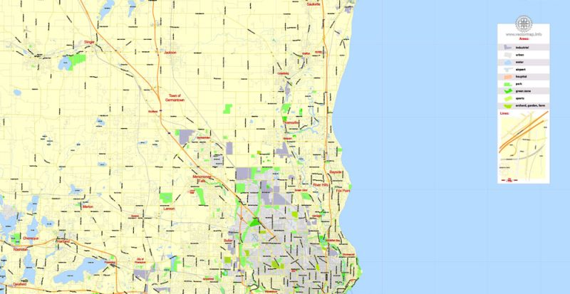 Printable Map Milwaukee Metro Area, Wisconsin, US, exact vector street G-View Level 13 (2000 meters scale) map, V.7. fully editable, Adobe Illustrator