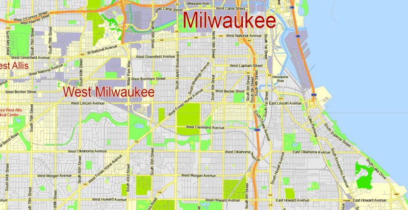 Printable Map Milwaukee Metro Area, Wisconsin, US, exact vector street G-View Level 13 (2000 meters scale) map, V.7. fully editable, Adobe Illustrator